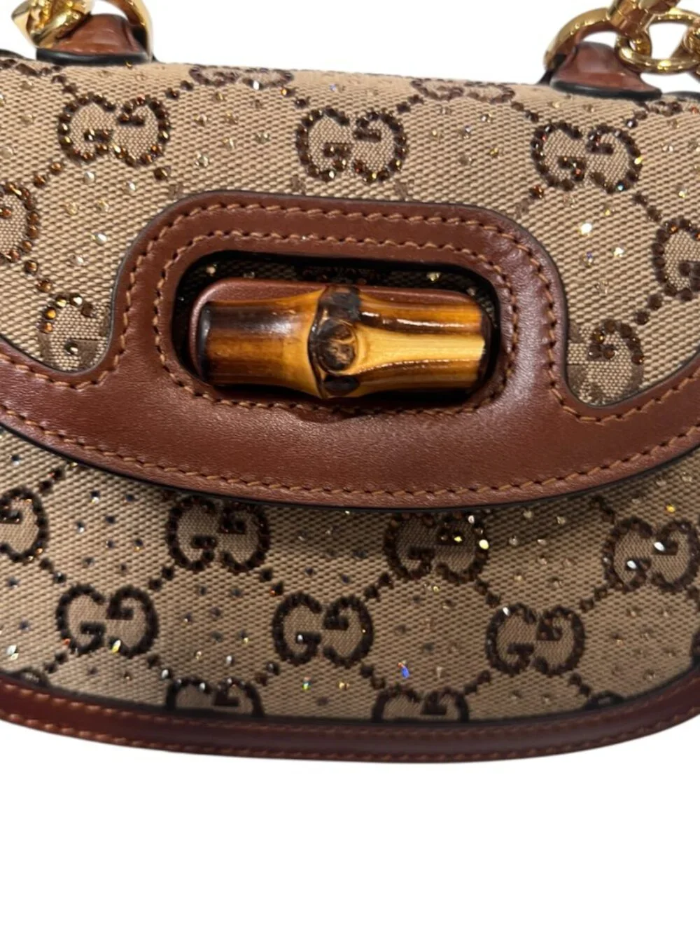 $4495 Gucci 1947 Brown Mini Crystal Studded Bamboo Handle Chain Crossbody - Picture 5 of 10